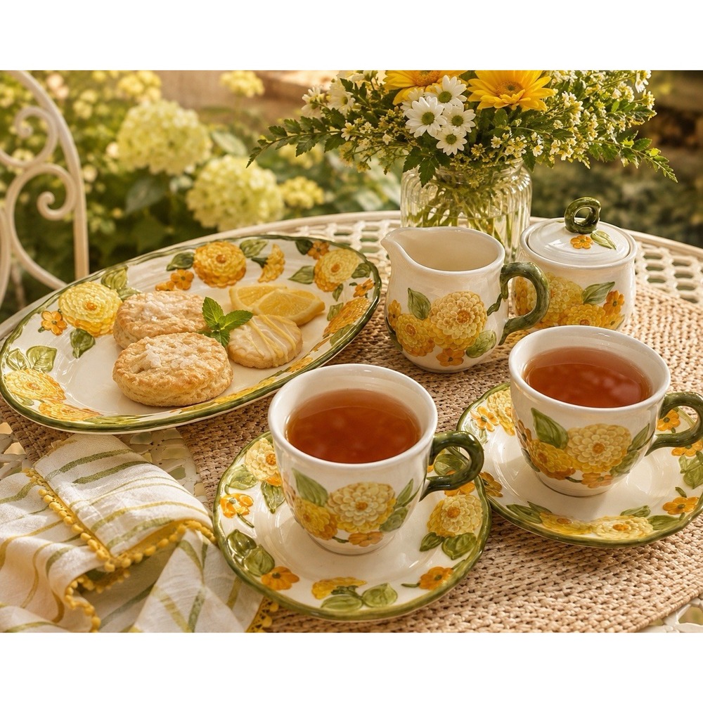 Vintage 1960 Metlox Poppytrail Floral Tea Set Cups Saucers Platter Creamer Sugar